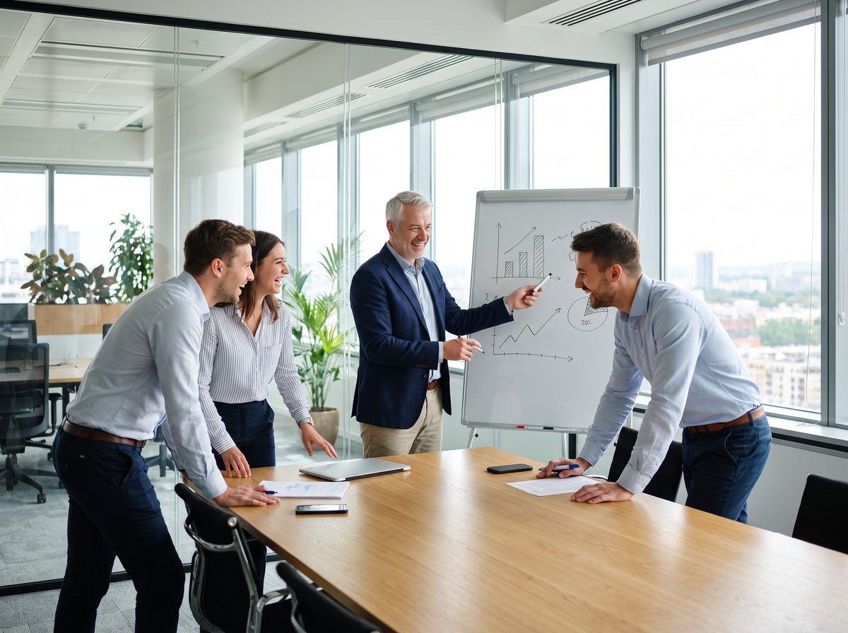 Sales leader coaching a team at a whiteboard
