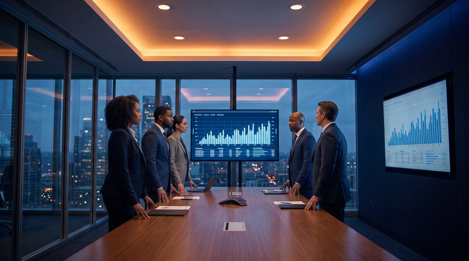 Sales leadership team reviewing pipeline results in an executive boardroom