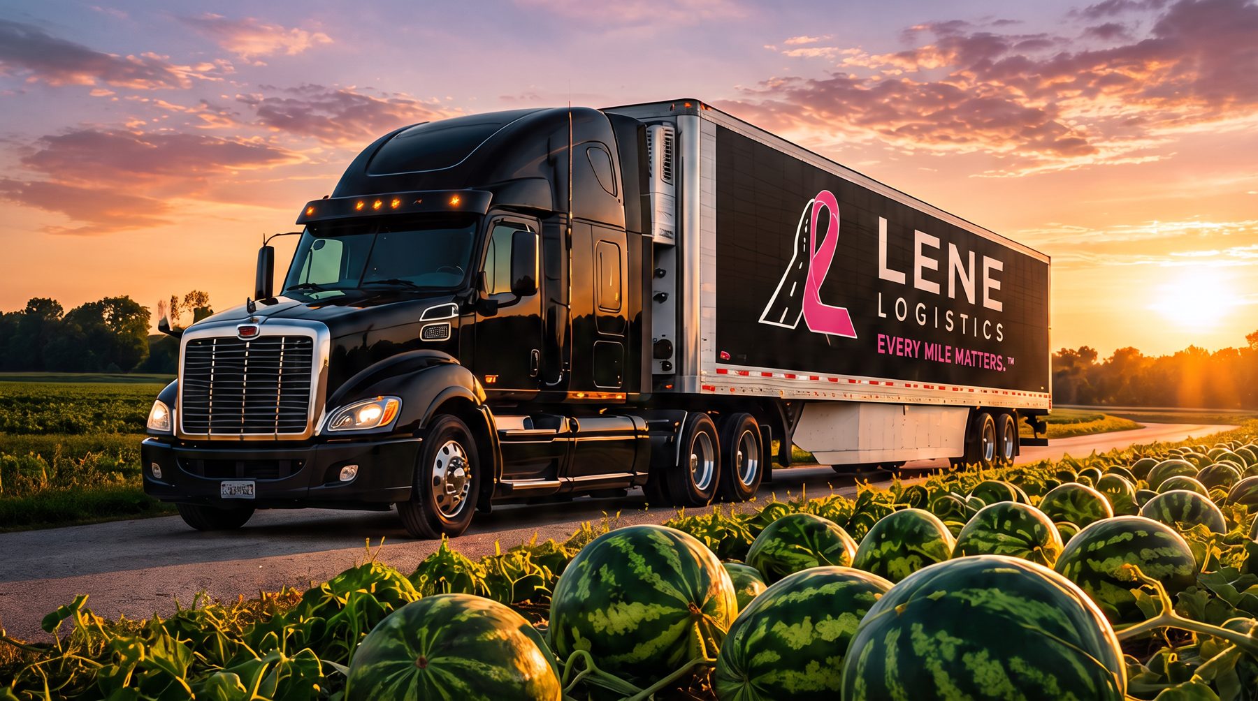 Black Lene Logistics truck and trailer beside a watermelon field at sunset