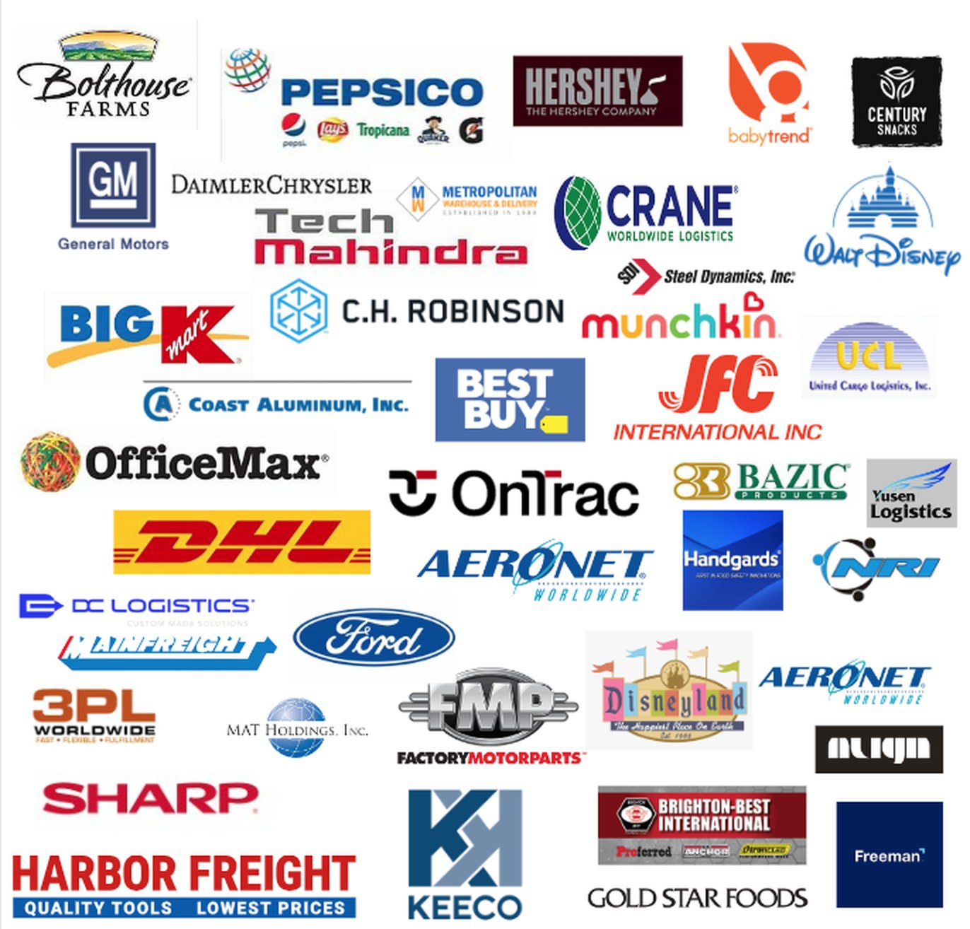Logos of companies Greg Van Dyke has sold to, including PepsiCo, Ford, Disney, Best Buy, DHL, C.H. Robinson and Hershey