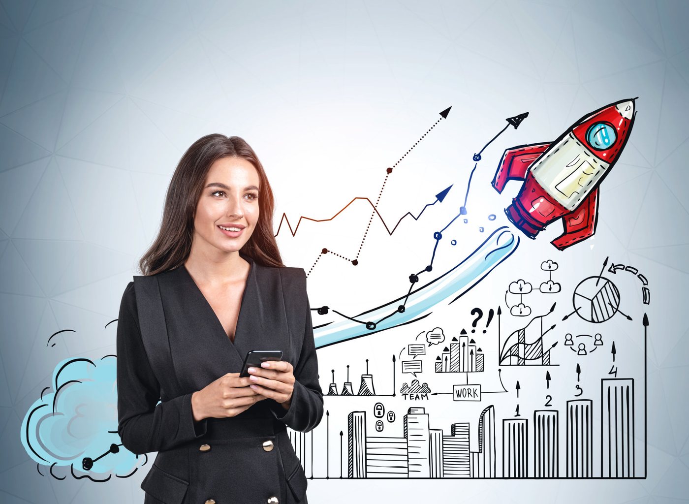 Business professional looking up beside a hand-drawn rocket launching over rising growth charts