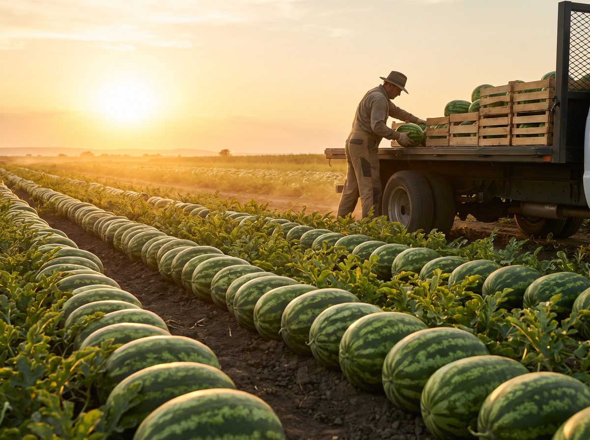 Watermelon field at sunset with a harvest truck